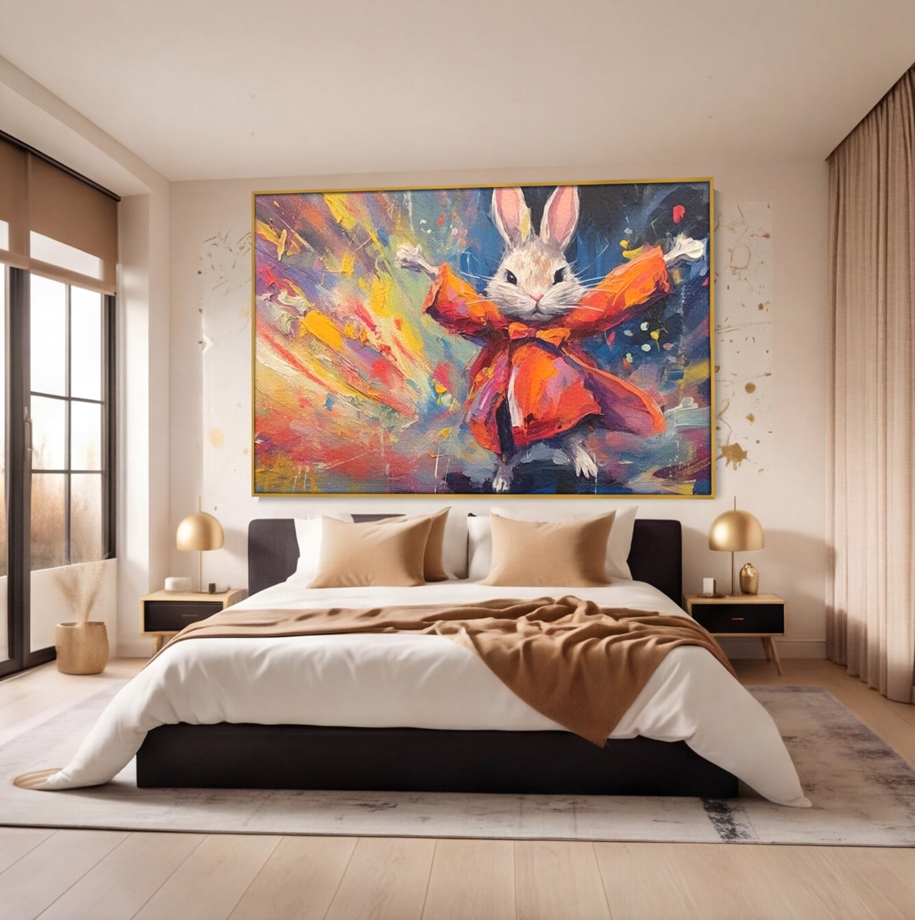 Tablou canvas cu tablou canvas cu iepuras magician colorat, in rama de aluminiu auriu, pe perete intr-un dormitor